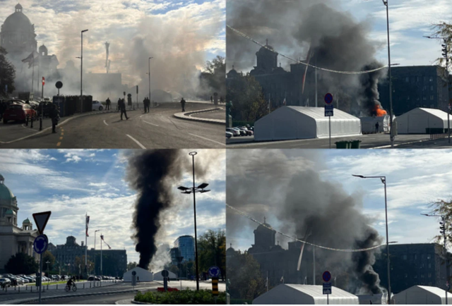 Zjarr dhe të shtëna me armë jashtë parlamentit SERB, një i plagosur!
