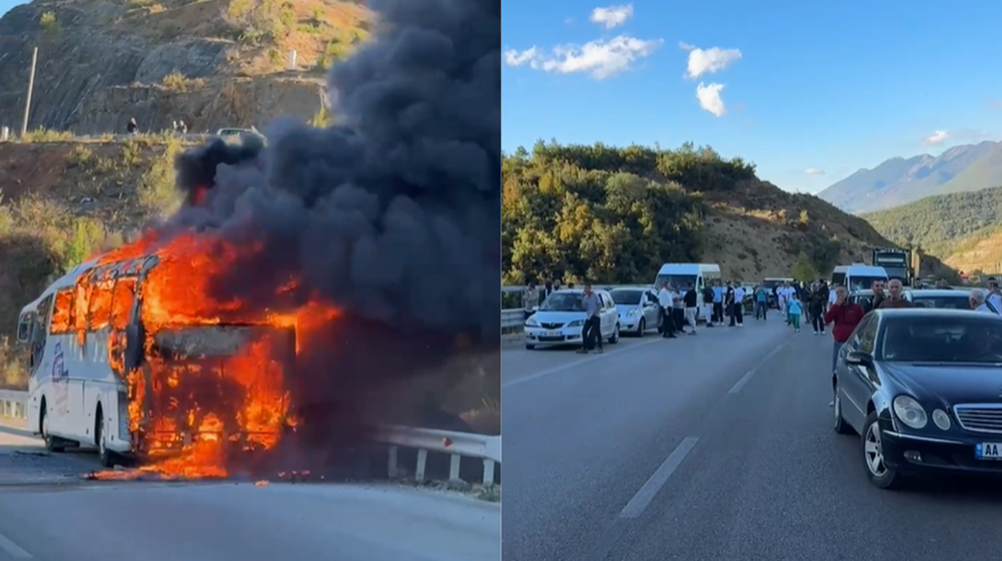 Prag tragjedie – Autobusi me turistë shpërthen në flakë në hyrje të tunelit të Elbasanit, bllokohet rruga