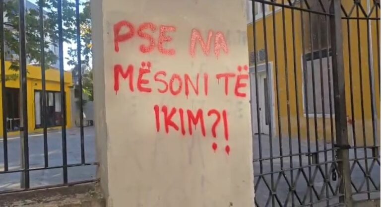 Protesta e studentëve/ Grafiti i veçantë i të rinjve para Ministrisë së Arsimit: Pse na mësoni të ikim!